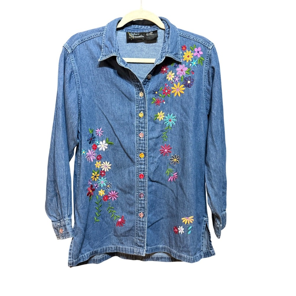 Womens Blue Denim Floral Vintage Artsy Whimsical Embroidered Button Down Shirt S